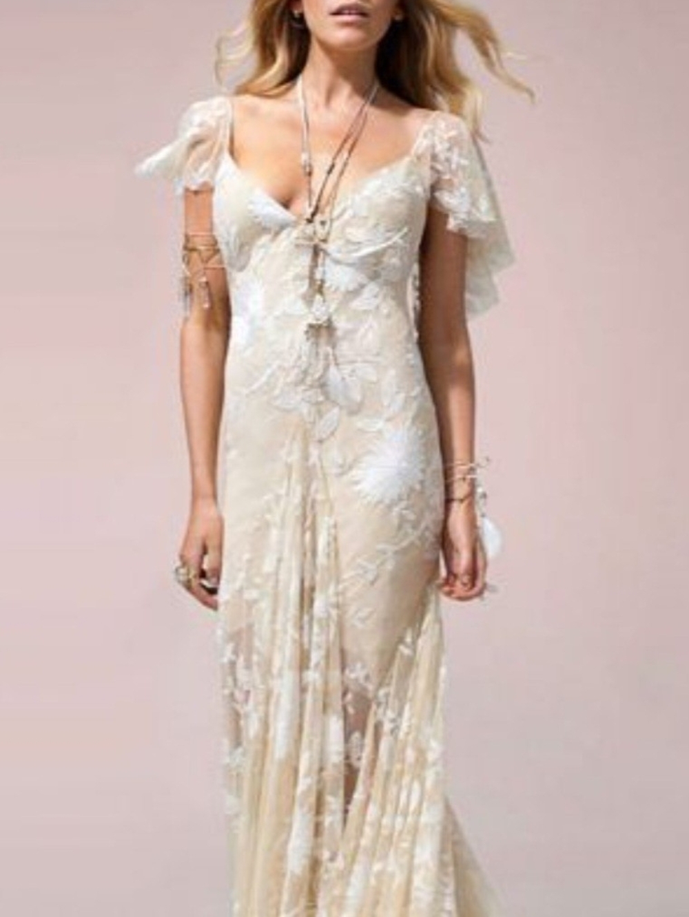 Rue De Seine "Elea" Sheer Floral Lace Maxi Dress in Cream